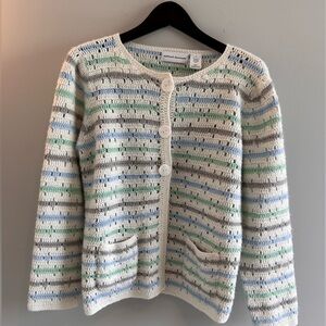 Alfred Dunner Sweater Womens Small White Blue Green Gray  Cardigan Wool